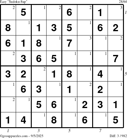 The grouppuzzles.com Easy Sudoku-8up puzzle for Friday September 5, 2025 with all 3 steps marked