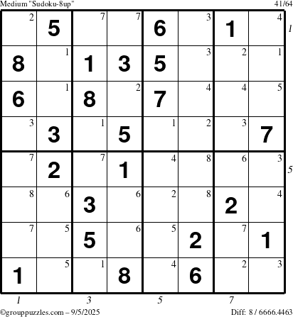 The grouppuzzles.com Medium Sudoku-8up puzzle for Friday September 5, 2025 with all 8 steps marked