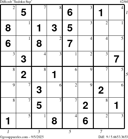 The grouppuzzles.com Difficult Sudoku-8up puzzle for Friday September 5, 2025 with all 9 steps marked