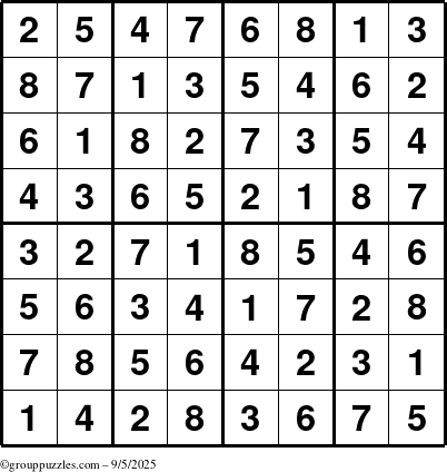 The grouppuzzles.com Answer grid for the Sudoku-8up puzzle for Friday September 5, 2025