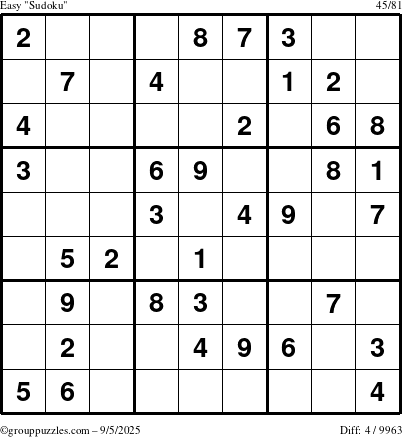 The grouppuzzles.com Easy Sudoku puzzle for Friday September 5, 2025