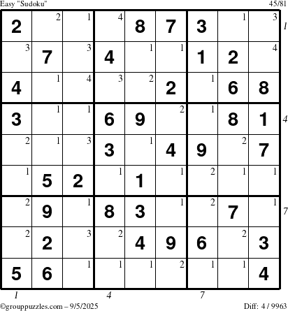 The grouppuzzles.com Easy Sudoku puzzle for Friday September 5, 2025 with all 4 steps marked