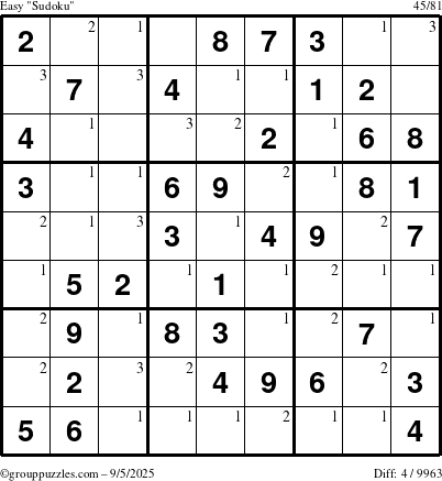 The grouppuzzles.com Easy Sudoku puzzle for Friday September 5, 2025 with the first 3 steps marked