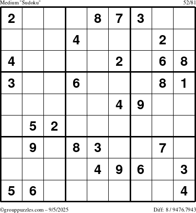The grouppuzzles.com Medium Sudoku puzzle for Friday September 5, 2025