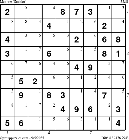 The grouppuzzles.com Medium Sudoku puzzle for Friday September 5, 2025, suitable for printing, with all 8 steps marked