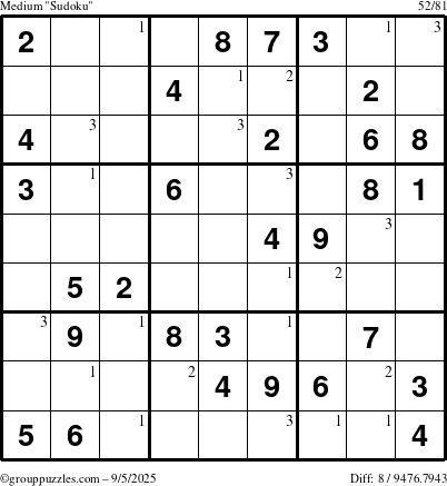The grouppuzzles.com Medium Sudoku puzzle for Friday September 5, 2025 with the first 3 steps marked