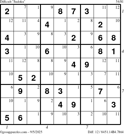 The grouppuzzles.com Difficult Sudoku puzzle for Friday September 5, 2025 with all 12 steps marked