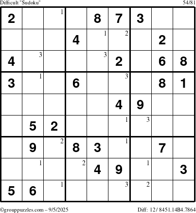 The grouppuzzles.com Difficult Sudoku puzzle for Friday September 5, 2025 with the first 3 steps marked