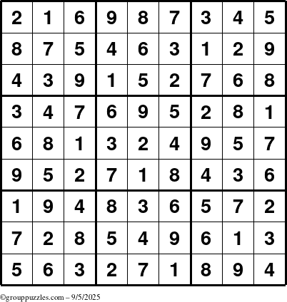 The grouppuzzles.com Answer grid for the Sudoku puzzle for Friday September 5, 2025
