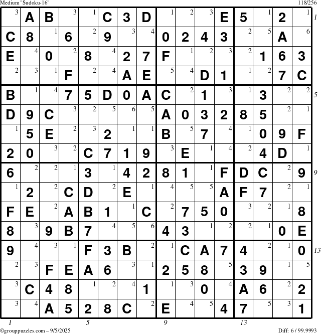 The grouppuzzles.com Medium Sudoku-16 puzzle for Friday September 5, 2025, suitable for printing, with all 6 steps marked