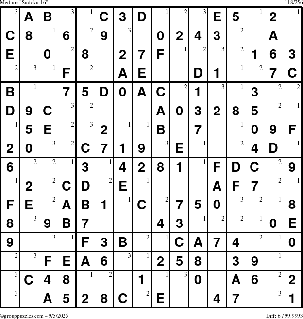 The grouppuzzles.com Medium Sudoku-16 puzzle for Friday September 5, 2025 with the first 3 steps marked