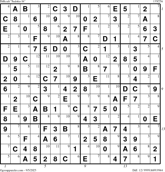 The grouppuzzles.com Difficult Sudoku-16 puzzle for Friday September 5, 2025 with all 12 steps marked