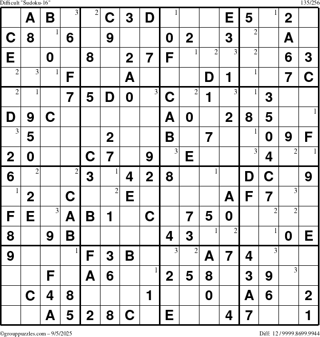 The grouppuzzles.com Difficult Sudoku-16 puzzle for Friday September 5, 2025 with the first 3 steps marked
