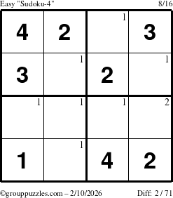 The grouppuzzles.com Easy Sudoku-4 puzzle for Tuesday February 10, 2026 with the first 2 steps marked