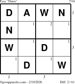 The grouppuzzles.com Easy Dawn puzzle for Tuesday February 10, 2026, suitable for printing, with all 2 steps marked