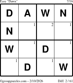 The grouppuzzles.com Easy Dawn puzzle for Tuesday February 10, 2026 with the first 2 steps marked