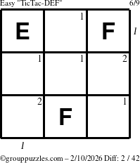 The grouppuzzles.com Easy TicTac-DEF puzzle for Tuesday February 10, 2026 with all 2 steps marked
