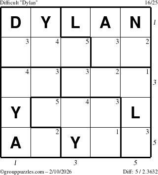 The grouppuzzles.com Difficult Dylan puzzle for Tuesday February 10, 2026 with all 5 steps marked