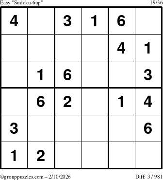 The grouppuzzles.com Easy Sudoku-6up puzzle for Tuesday February 10, 2026