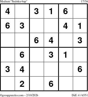 The grouppuzzles.com Medium Sudoku-6up puzzle for Tuesday February 10, 2026