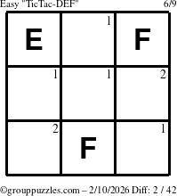 The grouppuzzles.com Easy TicTac-DEF puzzle for Tuesday February 10, 2026 with the first 2 steps marked