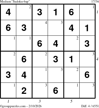 The grouppuzzles.com Medium Sudoku-6up puzzle for Tuesday February 10, 2026, suitable for printing, with all 4 steps marked