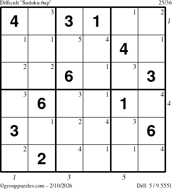 The grouppuzzles.com Difficult Sudoku-6up puzzle for Tuesday February 10, 2026 with all 5 steps marked