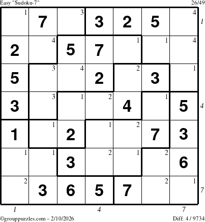 The grouppuzzles.com Easy Sudoku-7 puzzle for Tuesday February 10, 2026, suitable for printing, with all 4 steps marked