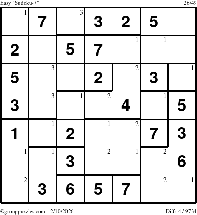 The grouppuzzles.com Easy Sudoku-7 puzzle for Tuesday February 10, 2026 with the first 3 steps marked