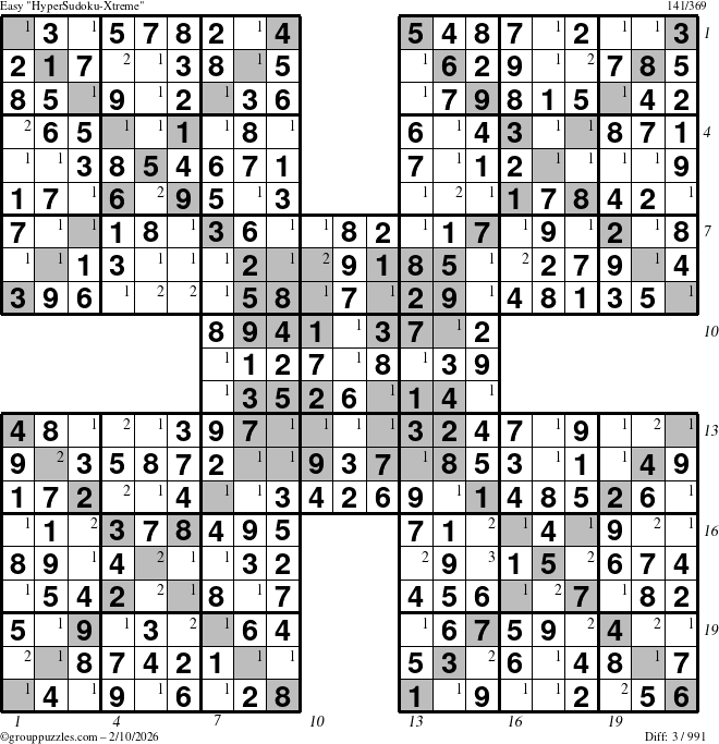 The grouppuzzles.com Easy HyperSudoku-Xtreme puzzle for Tuesday February 10, 2026, suitable for printing, with all 3 steps marked