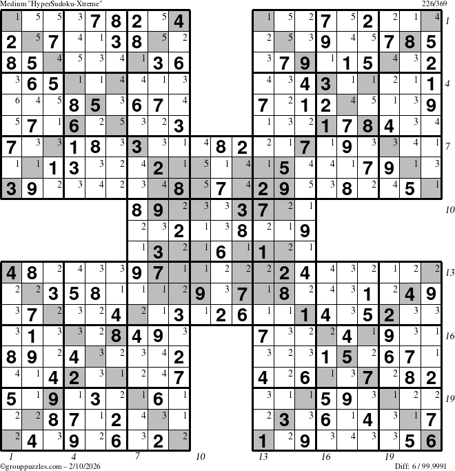 The grouppuzzles.com Medium HyperSudoku-Xtreme puzzle for Tuesday February 10, 2026, suitable for printing, with all 6 steps marked