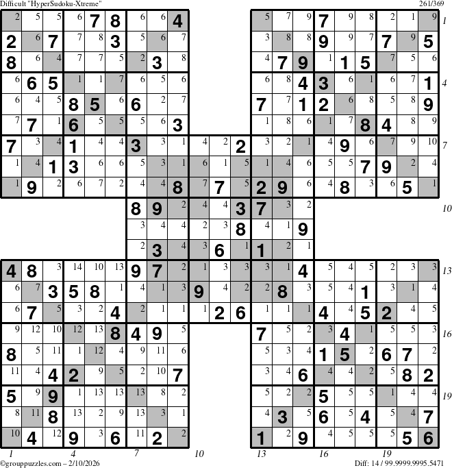 The grouppuzzles.com Difficult HyperSudoku-Xtreme puzzle for Tuesday February 10, 2026, suitable for printing, with all 14 steps marked