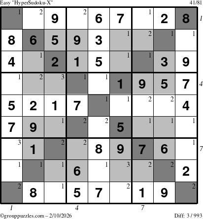 The grouppuzzles.com Easy HyperSudoku-X puzzle for Tuesday February 10, 2026 with all 3 steps marked
