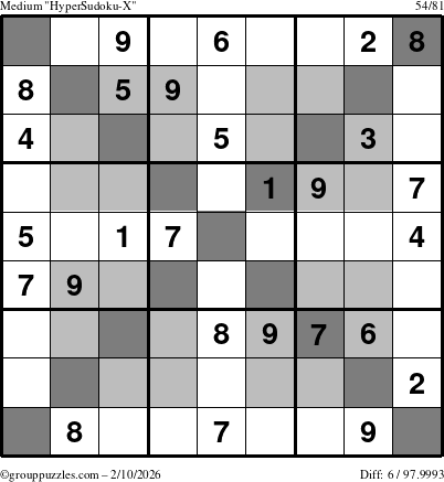 The grouppuzzles.com Medium HyperSudoku-X puzzle for Tuesday February 10, 2026