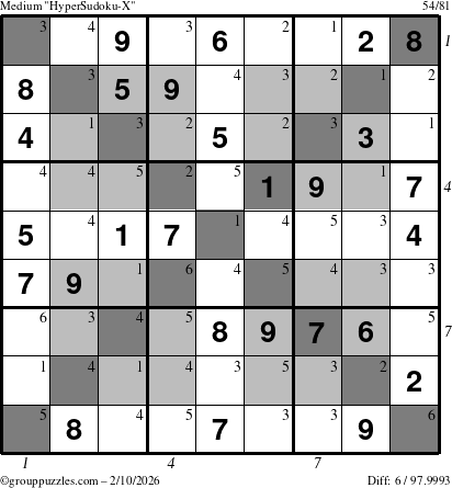 The grouppuzzles.com Medium HyperSudoku-X puzzle for Tuesday February 10, 2026, suitable for printing, with all 6 steps marked