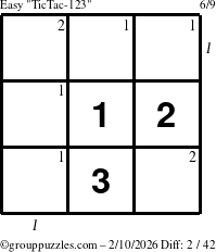 The grouppuzzles.com Easy TicTac-123 puzzle for Tuesday February 10, 2026, suitable for printing, with all 2 steps marked