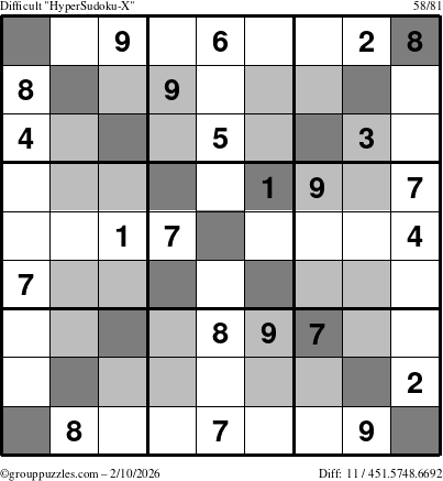 The grouppuzzles.com Difficult HyperSudoku-X puzzle for Tuesday February 10, 2026