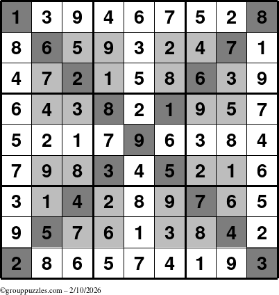 The grouppuzzles.com Answer grid for the HyperSudoku-X puzzle for Tuesday February 10, 2026