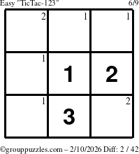 The grouppuzzles.com Easy TicTac-123 puzzle for Tuesday February 10, 2026 with the first 2 steps marked