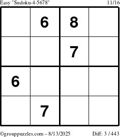 The grouppuzzles.com Easy Sudoku-4-5678 puzzle for Wednesday August 13, 2025