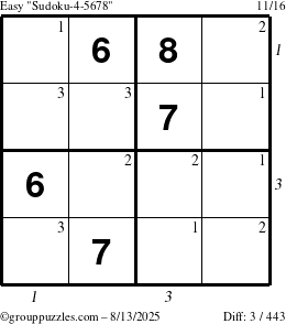 The grouppuzzles.com Easy Sudoku-4-5678 puzzle for Wednesday August 13, 2025 with all 3 steps marked