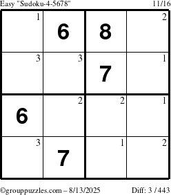 The grouppuzzles.com Easy Sudoku-4-5678 puzzle for Wednesday August 13, 2025 with the first 3 steps marked