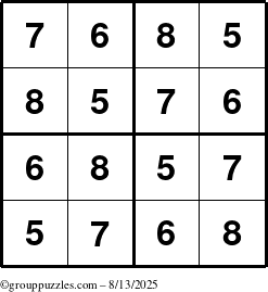 The grouppuzzles.com Answer grid for the Sudoku-4-5678 puzzle for Wednesday August 13, 2025