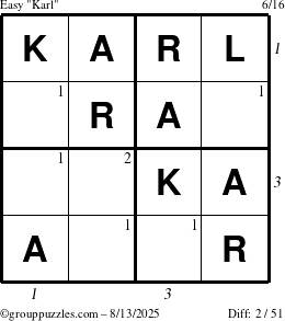 The grouppuzzles.com Easy Karl puzzle for Wednesday August 13, 2025 with all 2 steps marked