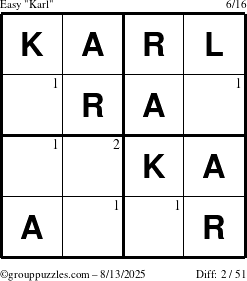 The grouppuzzles.com Easy Karl puzzle for Wednesday August 13, 2025 with the first 2 steps marked