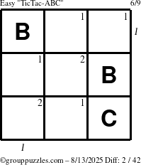 The grouppuzzles.com Easy TicTac-ABC puzzle for Wednesday August 13, 2025 with all 2 steps marked