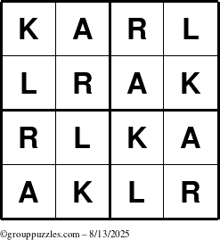 The grouppuzzles.com Answer grid for the Karl puzzle for Wednesday August 13, 2025