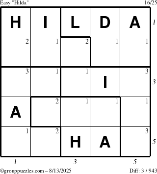 The grouppuzzles.com Easy Hilda puzzle for Wednesday August 13, 2025 with all 3 steps marked