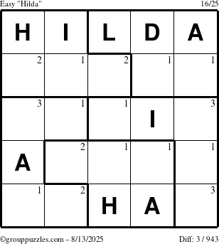 The grouppuzzles.com Easy Hilda puzzle for Wednesday August 13, 2025 with the first 3 steps marked