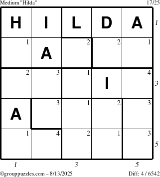 The grouppuzzles.com Medium Hilda puzzle for Wednesday August 13, 2025 with all 4 steps marked